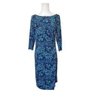 Talbots Long Sleeve Wrap Knot Paisley Sheath Dress Size M Petite Navy Green